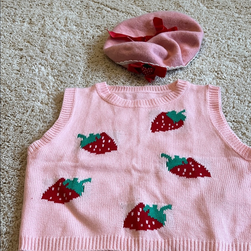 Amazon Pink Knit Strawberry Vest with Red & Green Accents